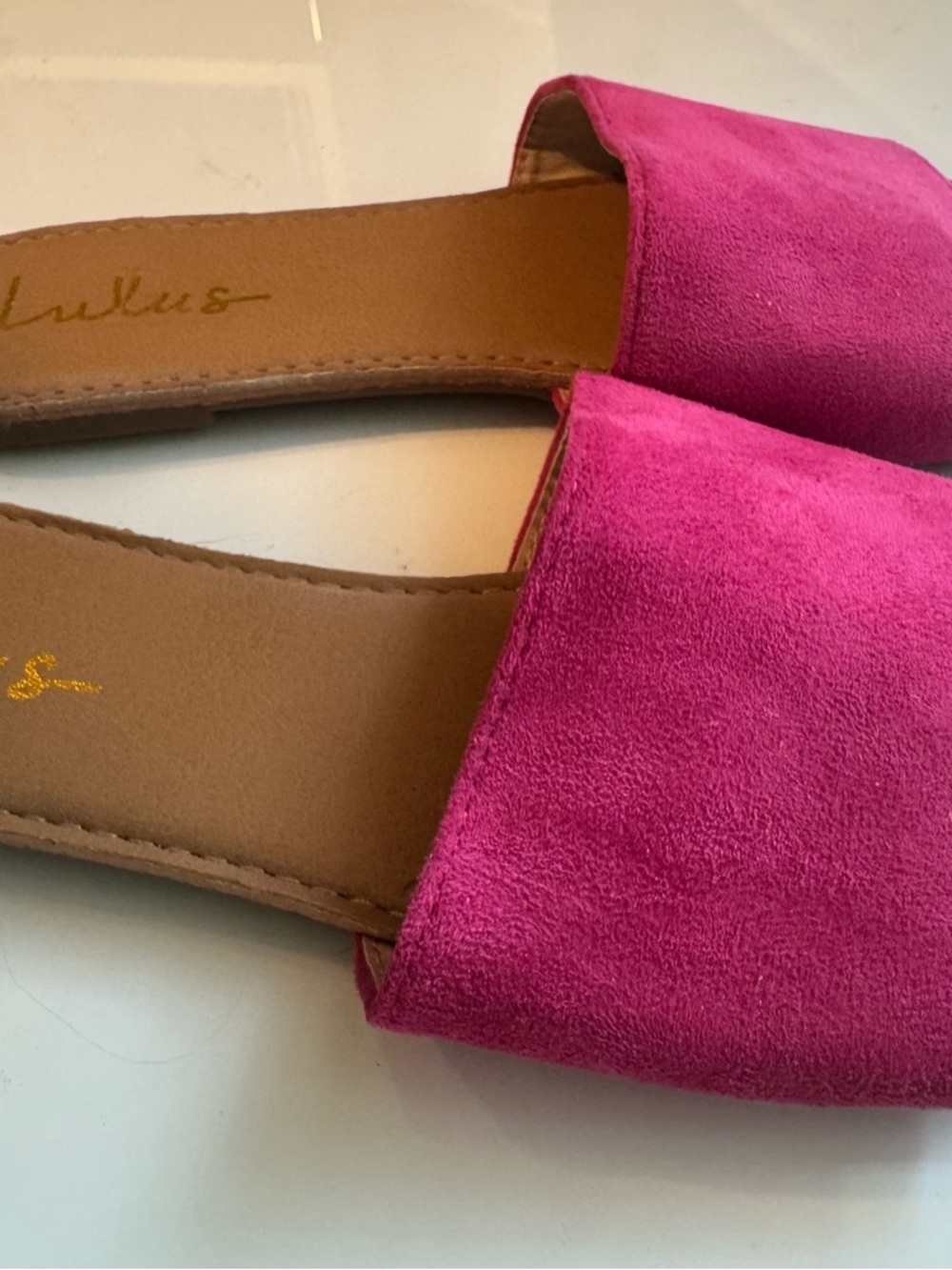 Lulu's Raspberry Pink Suede Wide-Band Slide Sandals - Picture 4 of 5